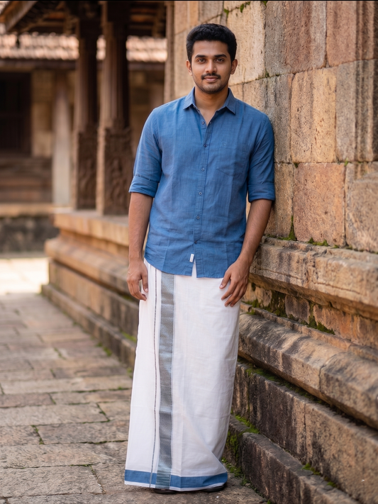 Southloom Kerala Pure Cotton Double Mundu with Blue Border (South Indian Dhoti)