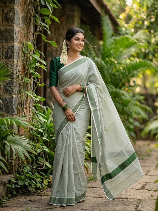 Southloom Green Kasavu Tissue Plain Kerala Saree