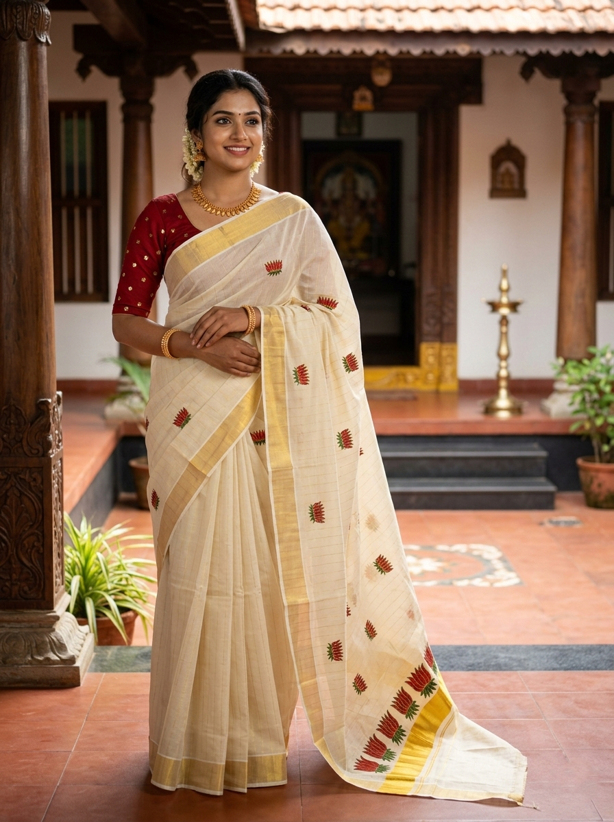 Southloom Kerala Tissue Lines Kasavu Saree with Maroon And Green Lotus Embroidery Works