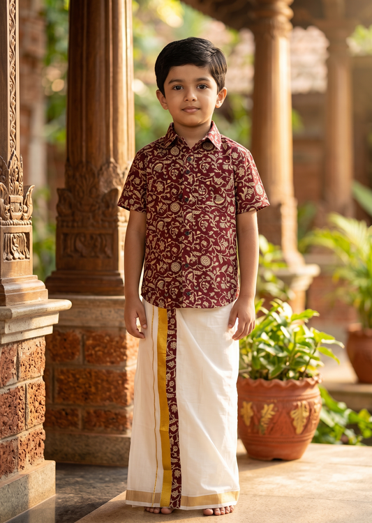 Southloom Cotton Floral Printed Kids's Combo (Shirt + Velcro Mundu) SLKCOMBO
