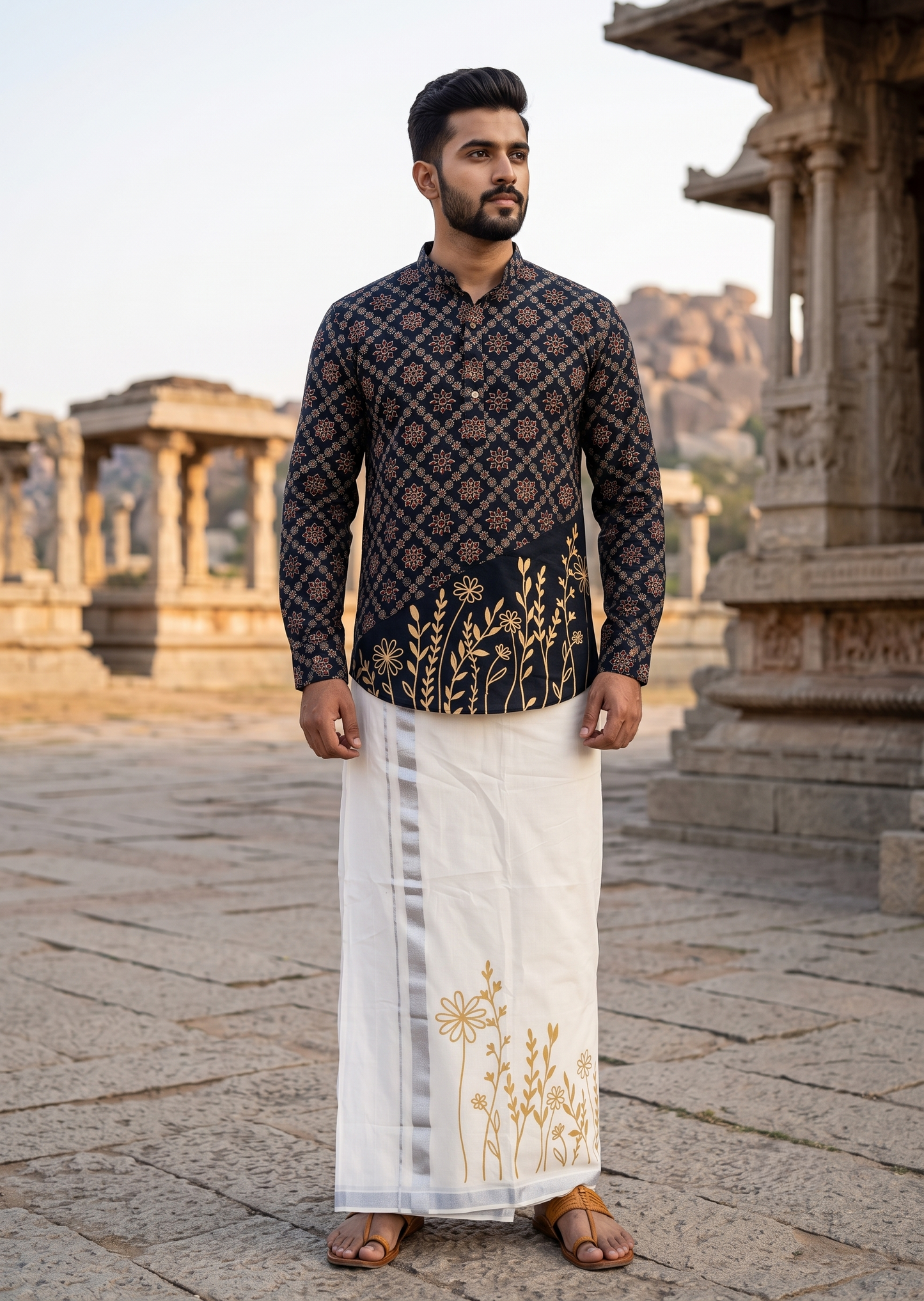 Southloom Cotton Ajrakh Printed Men's Combo (Shirt + Mundu) SLCOMBO SL579