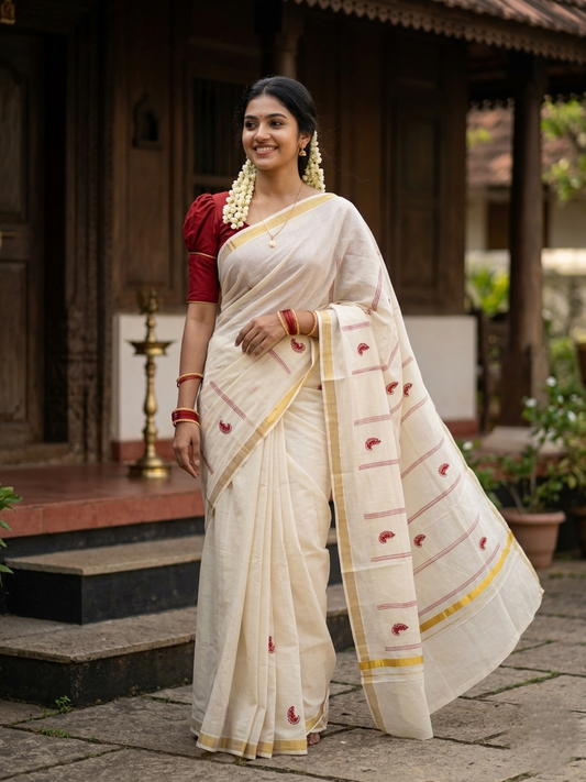 Southloom Kerala Cotton Kasavu Saree with Peacock Embroidery Works Across Body