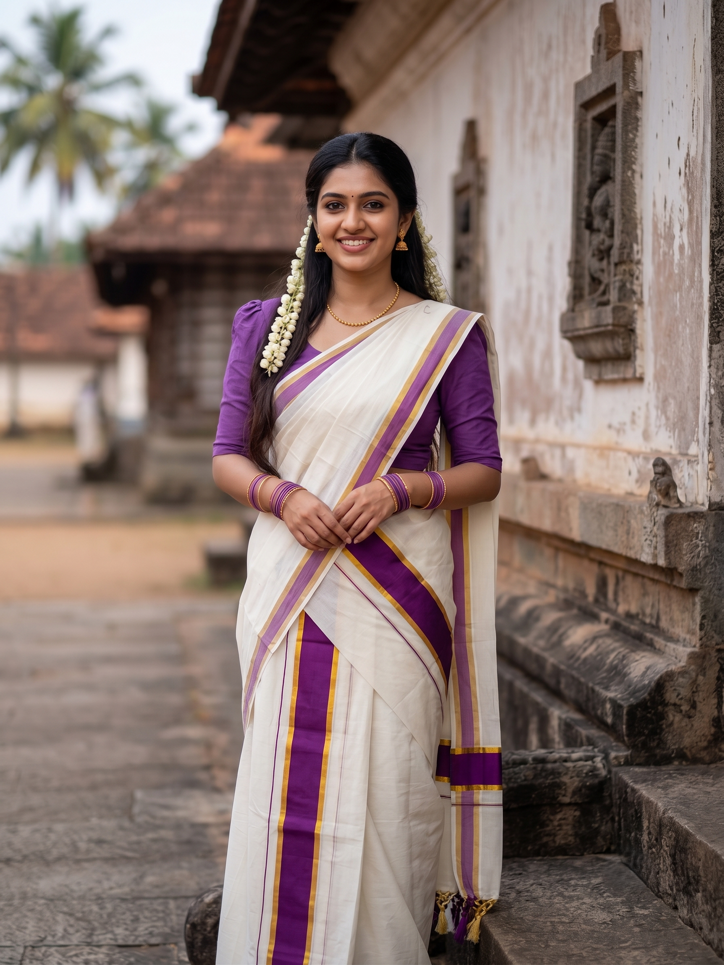 Southloom Kerala Cotton Single Set Mundu (Mundum Neriyathum) with Kasavu and Purple Border SLKK SL518