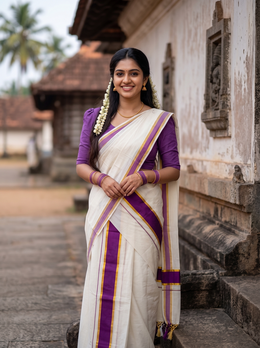 Southloom Kerala Cotton Single Set Mundu (Mundum Neriyathum) with Kasavu and Purple Border SLKK SL518
