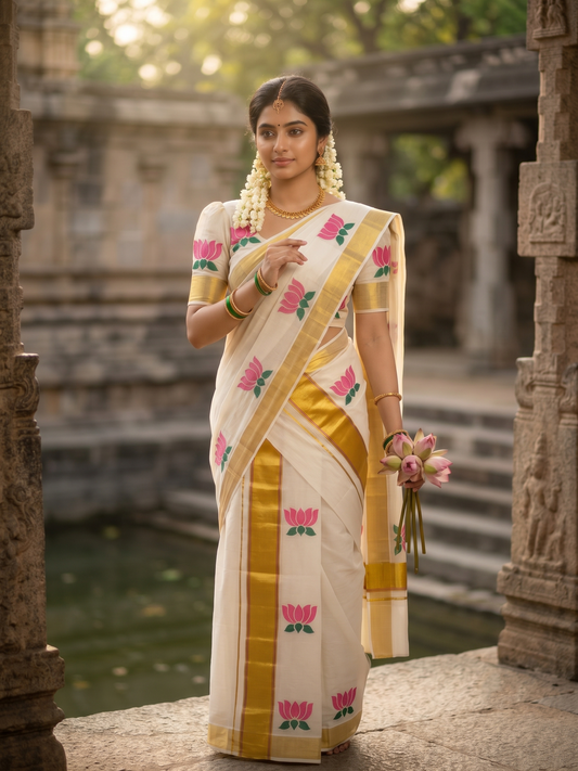 Southloom Super Premium Balaramapuram Handloom Pure Cotton Unakkupaavu Pink Lotus Design Wedding Pudava Set Mundu SL617