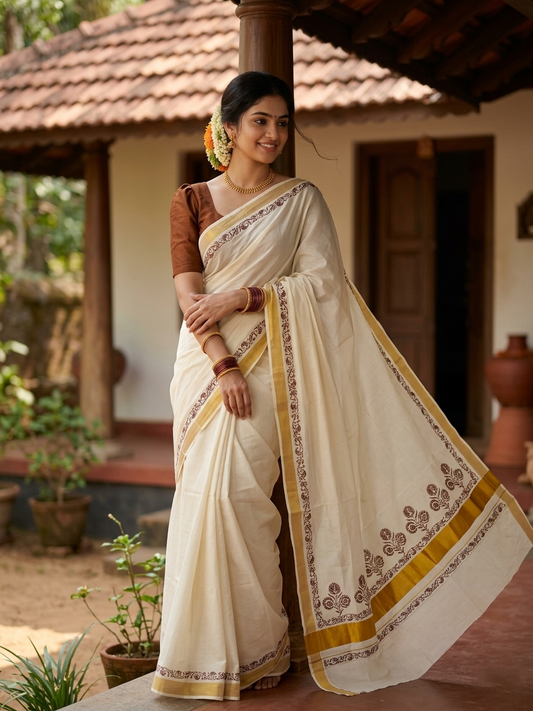 Southloom Cotton Kerala Kasavu Saree with Brown and Maroon Block Prints On Border