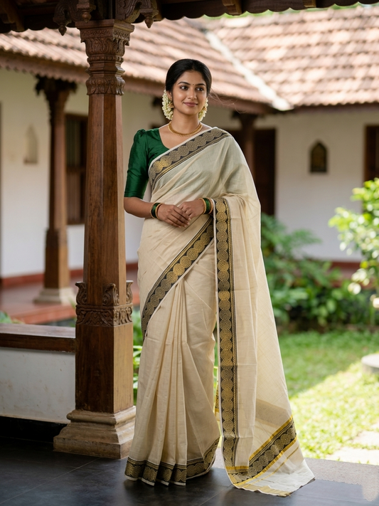 Southloom Kerala Tissue Kasavu Plain Saree Black Hand Printed SL350