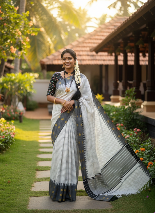 Southloom Pure Cotton Black & Silver Kasavu Saree with Check Design & Temple Border with Woven Golden Work