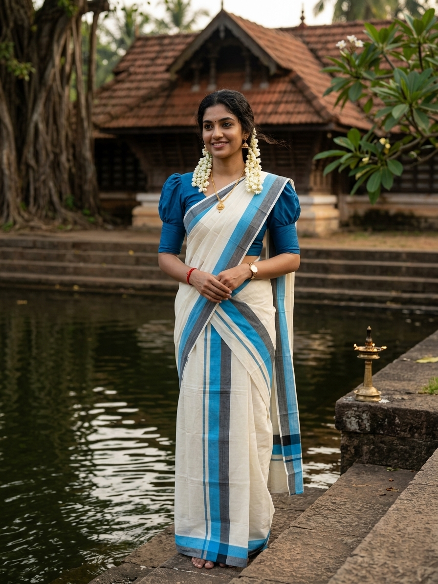 Southloom Pure Cotton Kerala Single Mulloth Set Mundu (Mundum Neriyathum) Blue & Black Border in 2.80 Mtrs SL243