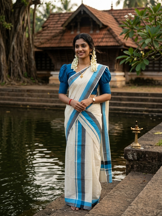 Southloom Pure Cotton Kerala Single Mulloth Set Mundu (Mundum Neriyathum) Blue & Black Border in 2.50 mtrs SL243