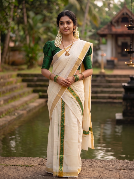 Southloom Kerala Pure Cotton Set mundu (Mundum Neriyathum) with Green Block Prints on Kasavu Border-2.80Mtrs SL426