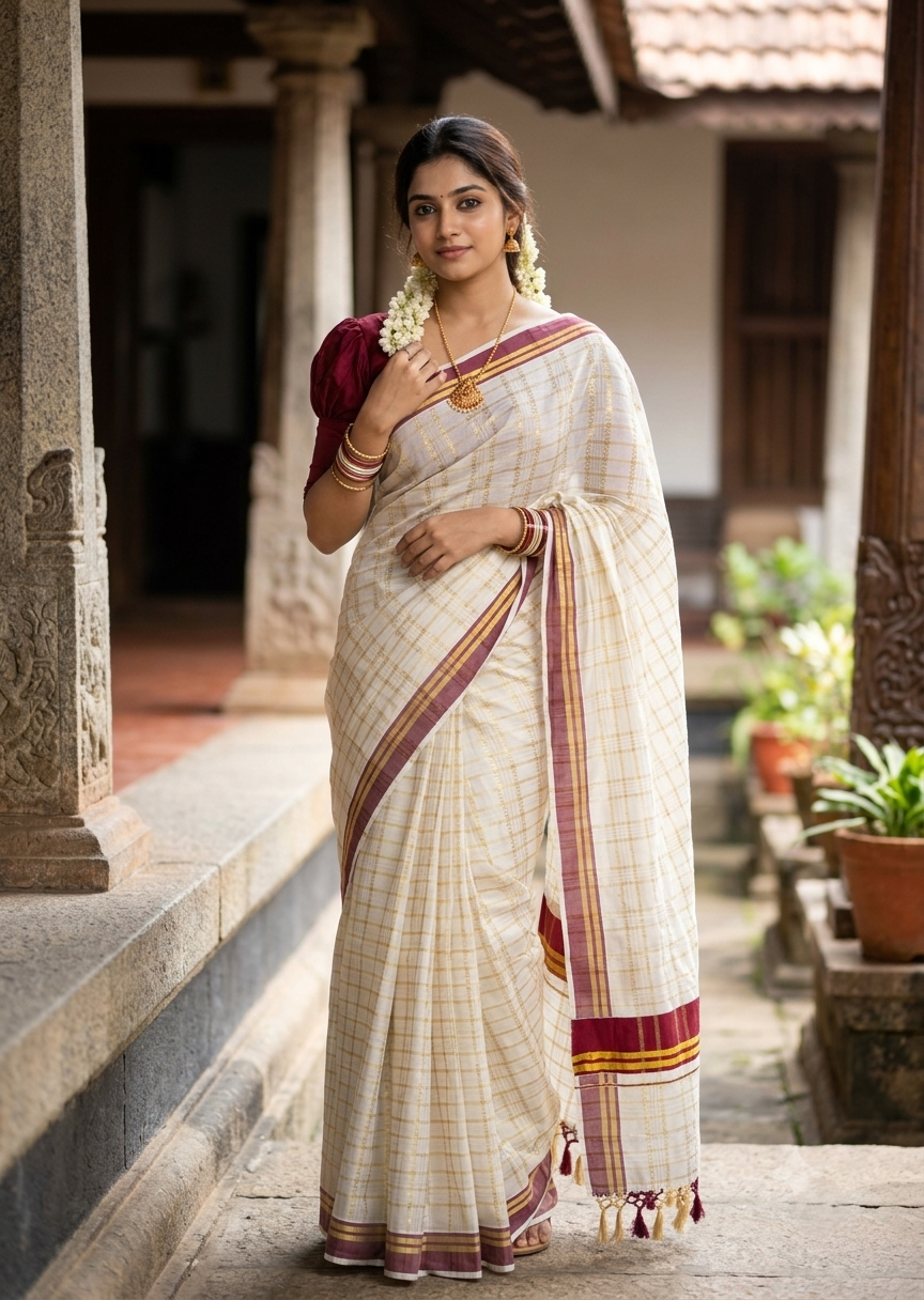 Southloom Cotton Check Maroon  Saree SL142