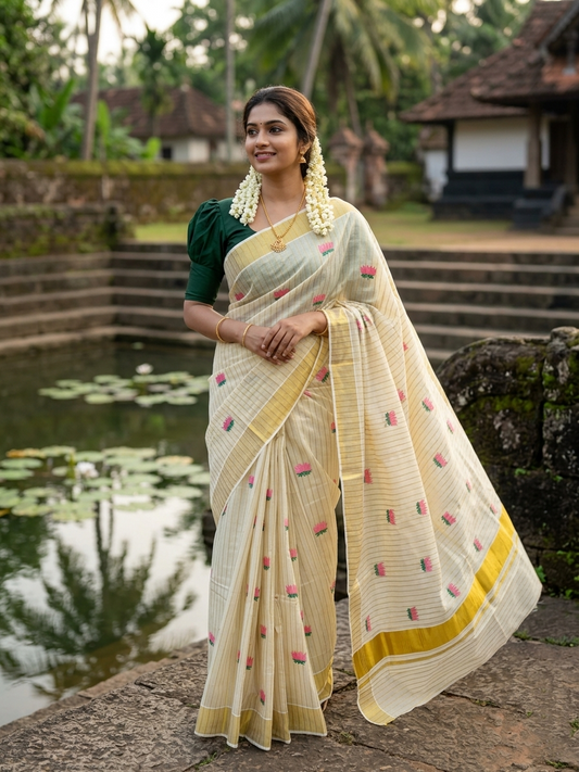 Southloom Lotus Pink and Green Embroidery Tissue Kerala Saree