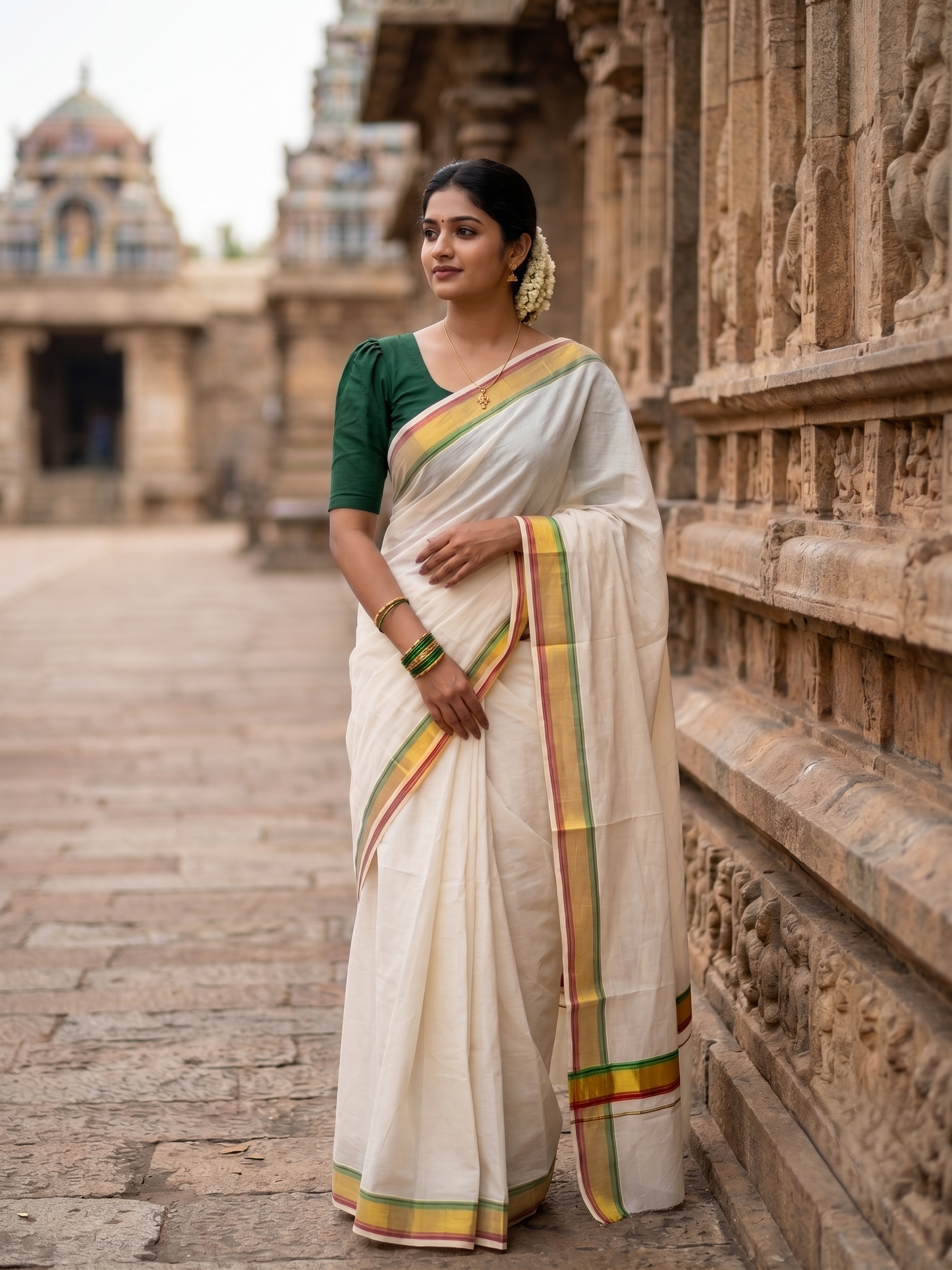 Southloom Kerala Cotton Kasavu Saree with Green And Maroon Border