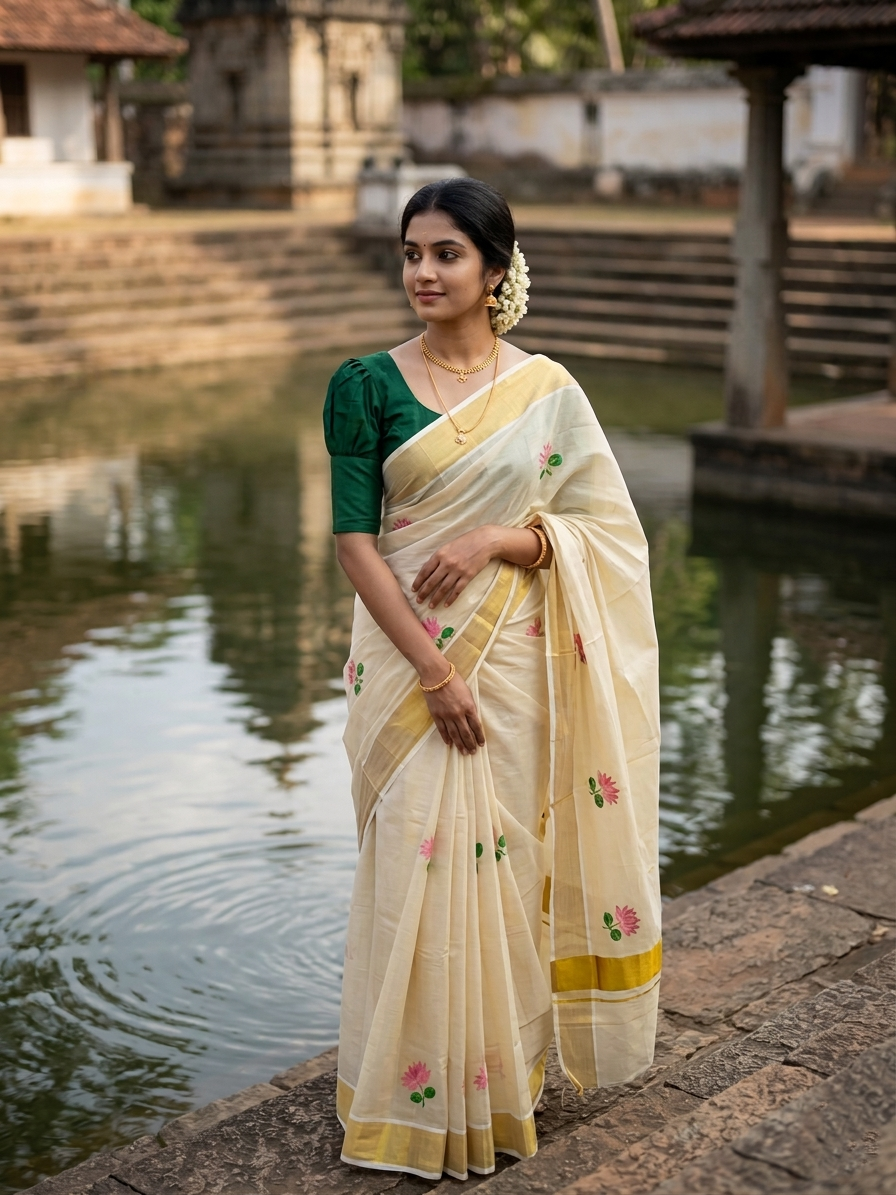 Southloom Lotus Pink and Green Embroidery Tissue Kerala Saree SL289