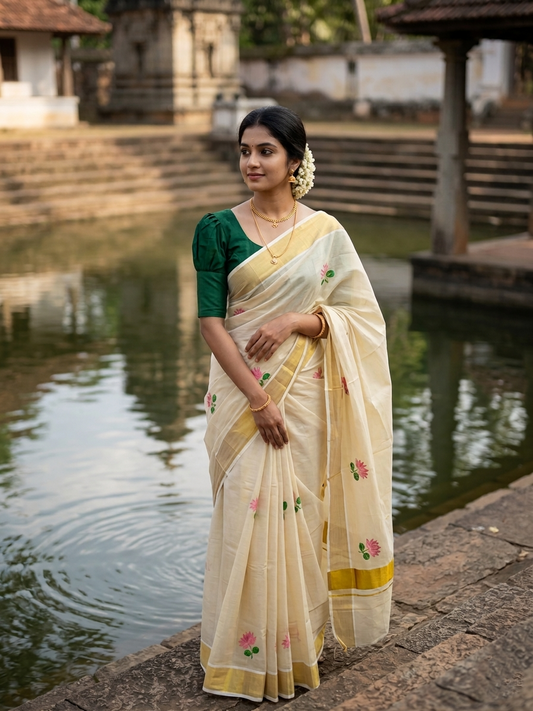 Southloom Lotus Pink and Green Embroidery Tissue Kerala Saree SL289