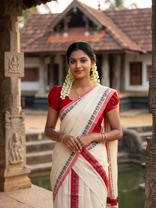 Southloom Kerala Mulloth Cotton Single Mundum Neriyathum with Digital Prints in Red 2.80 Mtrs SL378