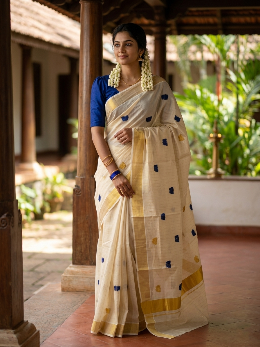 Southloom Kerala Tissue Kasavu Lines Saree with Blue Lotus Embroidery Works SL 289