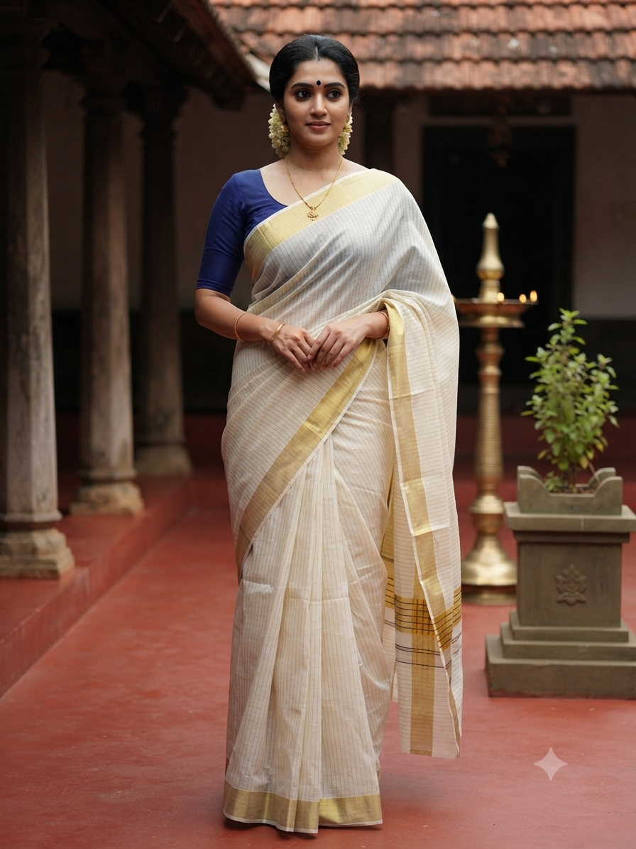 Southloom Kerala Cotton Kasavu Saree With Stripes On The Body(Blue) SL520