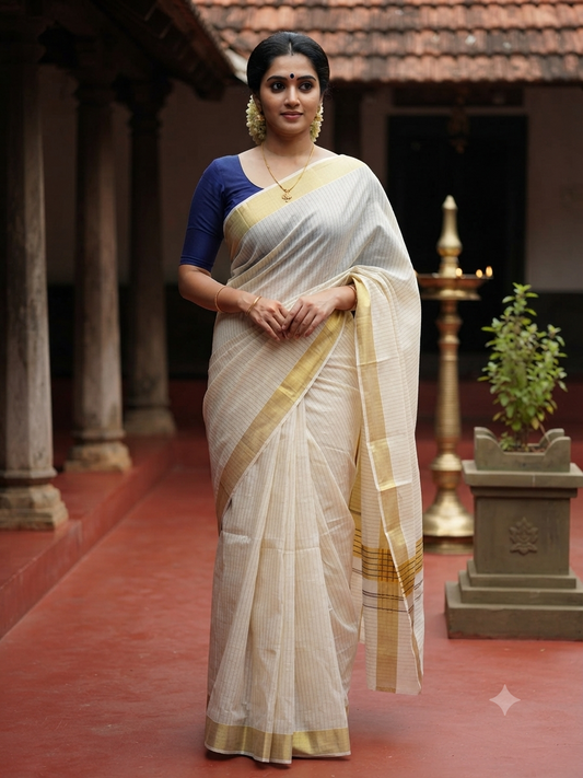 Southloom Kerala Cotton Kasavu Saree With Stripes On The Body(Blue) SL520