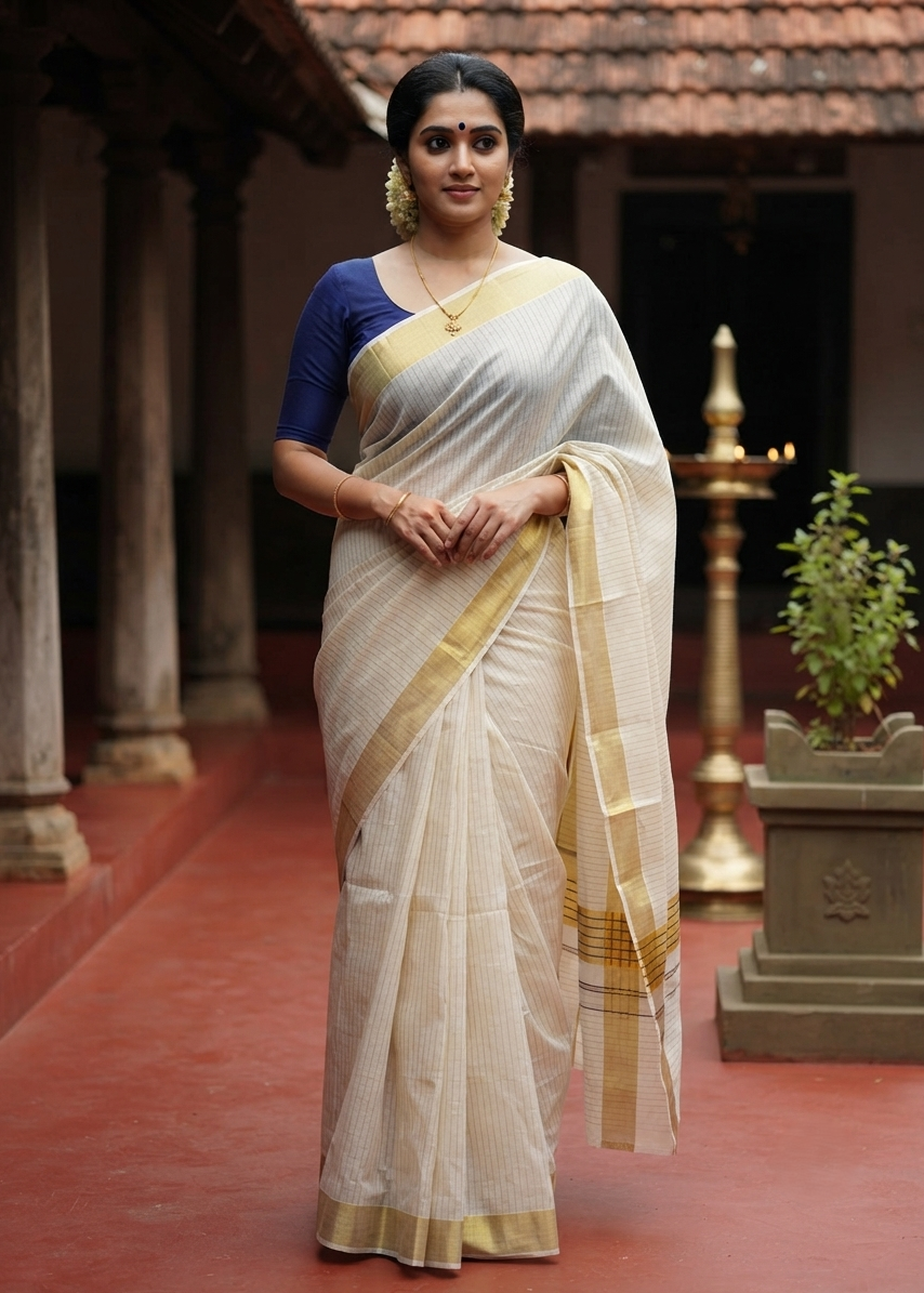 Southloom Kerala Cotton Kasavu Saree With Stripes On The Body(Blue) SL520