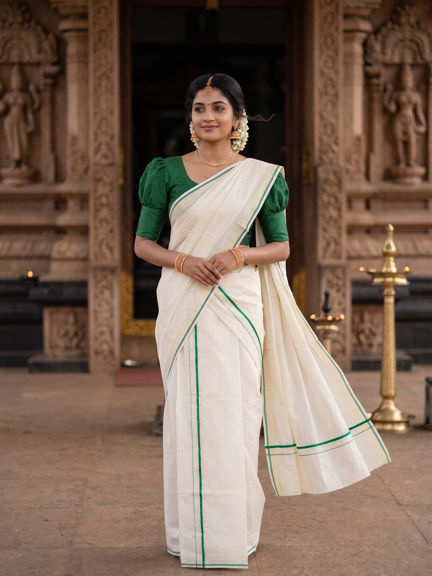 Kerala Cotton Mundum Neriyathum Single (Set Mundu) with Green Puliyilakkara