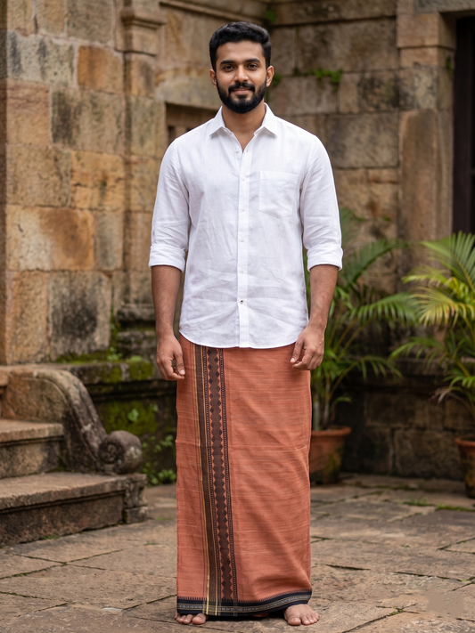 Southloom Saffron (Kaavi) Black Printed Single Mundu / Lungi (South Indian Kerala Dhoti)