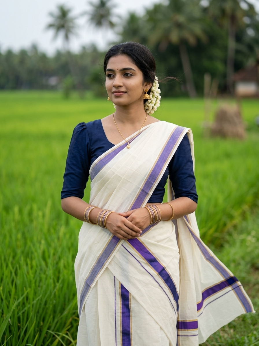 Southloom Pure Cotton Kerala Kasavu Set Mundu (Mundum Neriyathum) Kasavu & Blue Border in 2.80 Mtrs