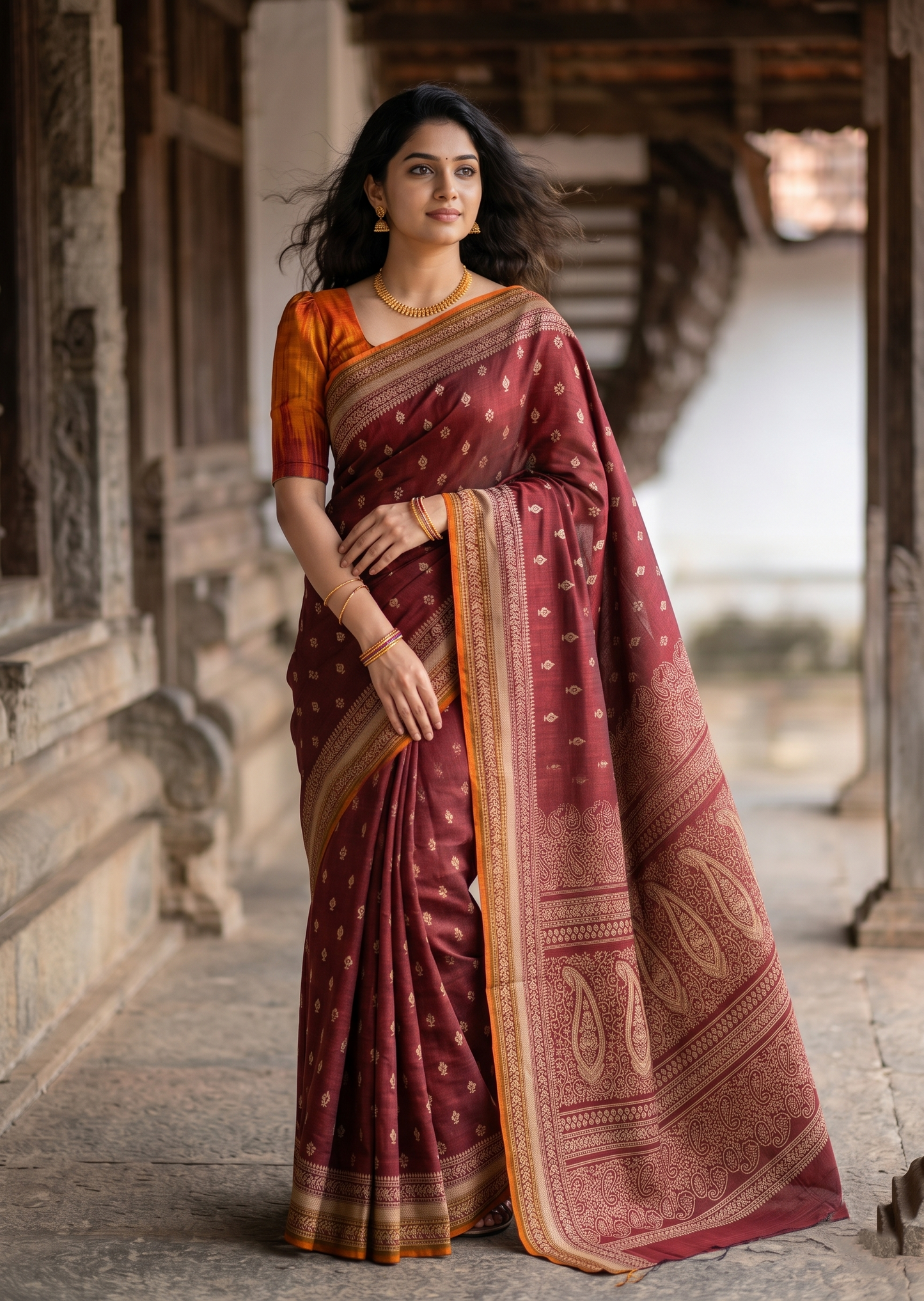 Southloom Muslin Cotton Saree With Floral Prints on the Body and Borders