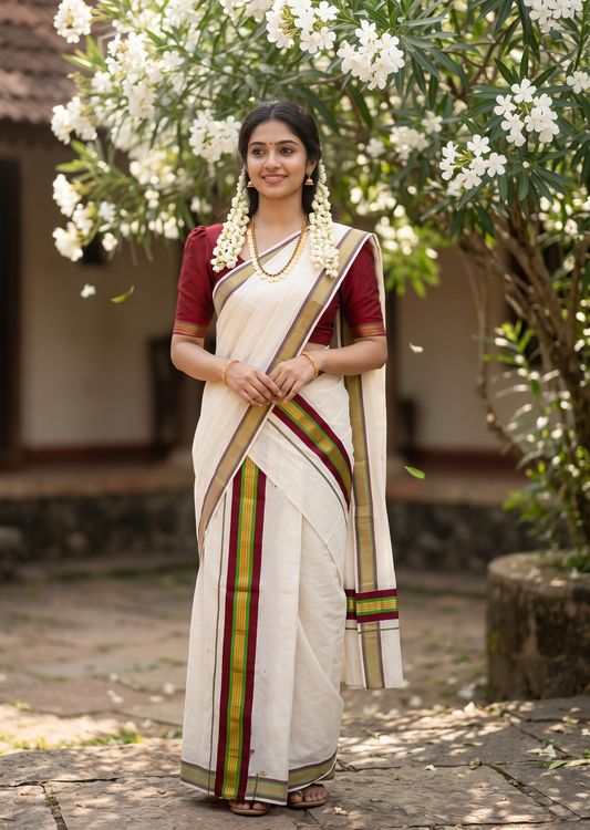 Southloom Kerala Cotton Kasavu Set Mundu (Mundum Neriyathum) with Maroon and Green Border 2.80 Mtrs SLKK