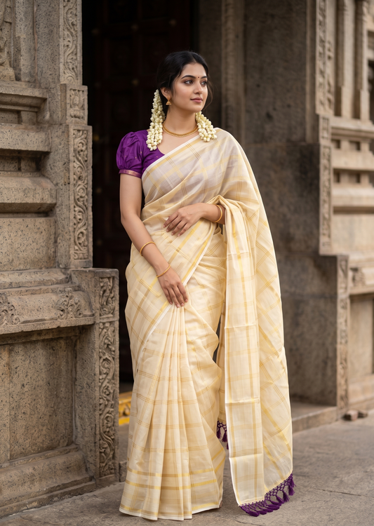 Southloom Kerala Tissue Kasavu Saree with Golden Stripes on Body with Purple Tassels SL514