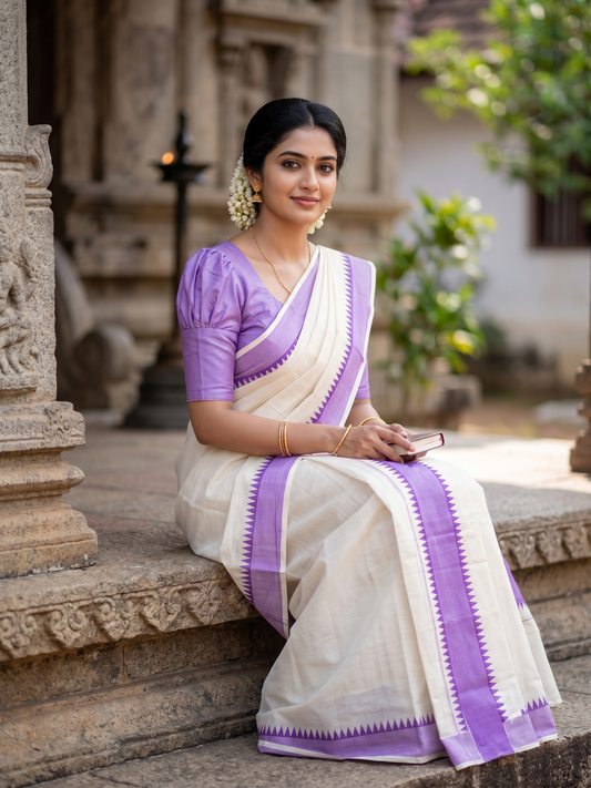Southloom Kerala Pure Cotton Set Mundu Single (Mundum Neriyathum) with Lavender Temple Border 2.80 Mtrs SL500