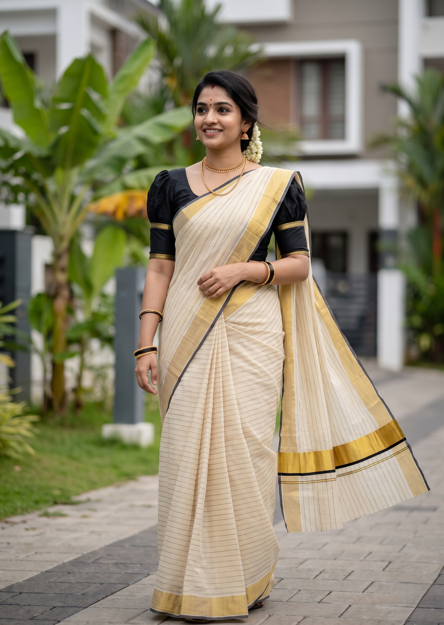 Southloom Kerala Tissue Kasavu Saree with Stripes on Body In Black Border
