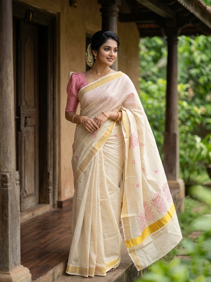 Southloom Tissue Kerala Kasavu Saree with Floral Embroidery Design