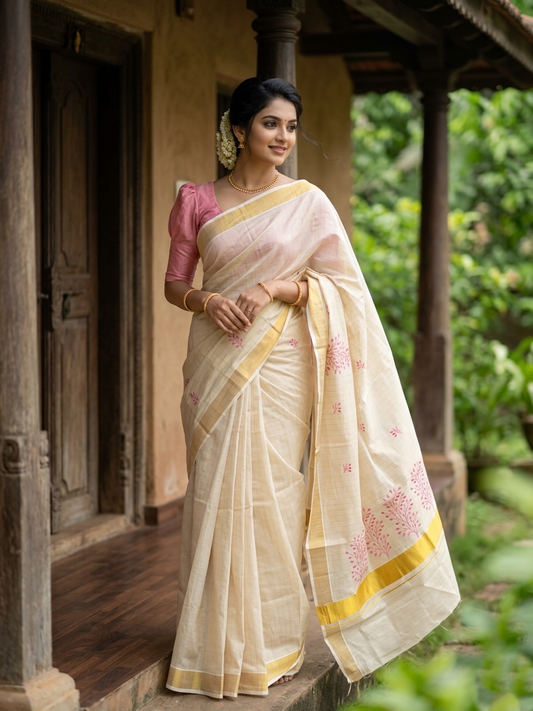 Southloom Tissue Kerala Kasavu Saree with Floral Embroidery Design