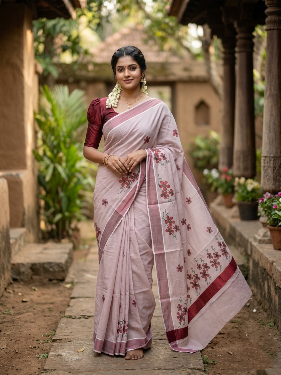 Southloom Kerala Tissue Kasavu Saree with Maroon Floral Embroidery on Body and Border