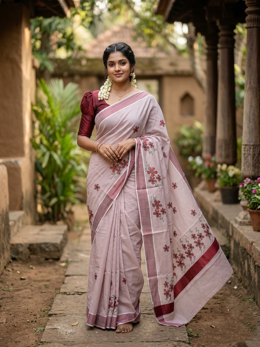 Southloom Kerala Tissue Kasavu Saree with Maroon Floral Embroidery on Body and Border