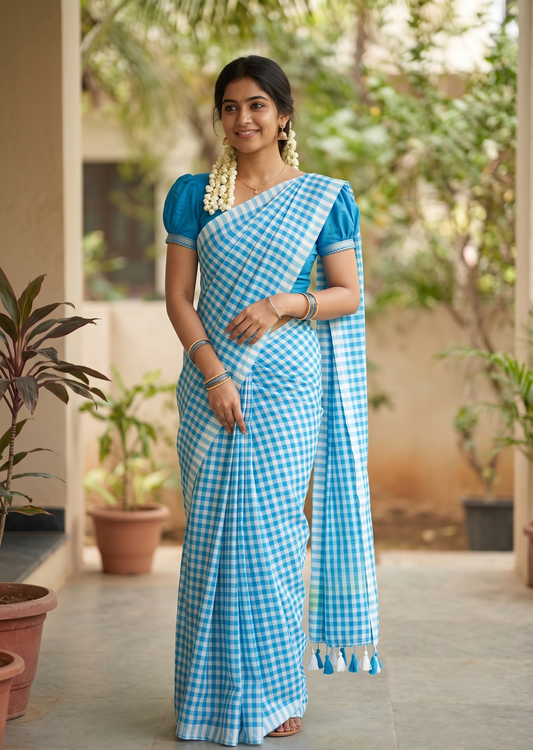 Southloom Mul Cotton 120 x 120 Soft Fabric Saree with Blue Check Desgin in Body SL215