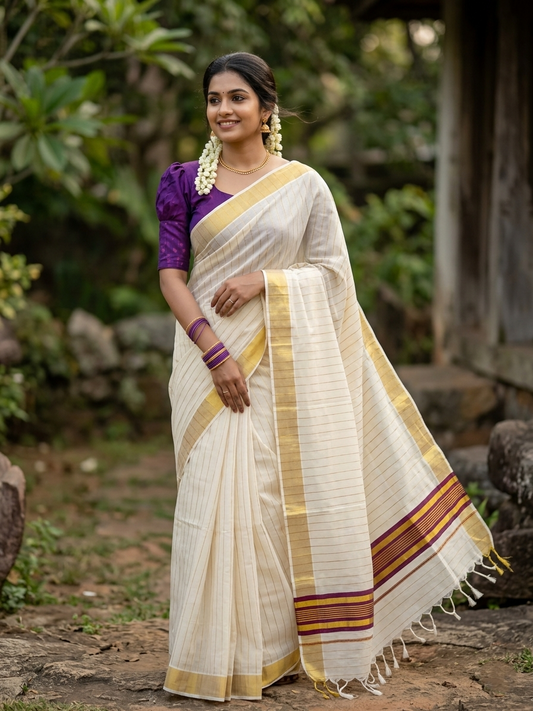 Southloom Kerala Cotton Kasavu Saree with Gold And Purple Lines on Body SL331
