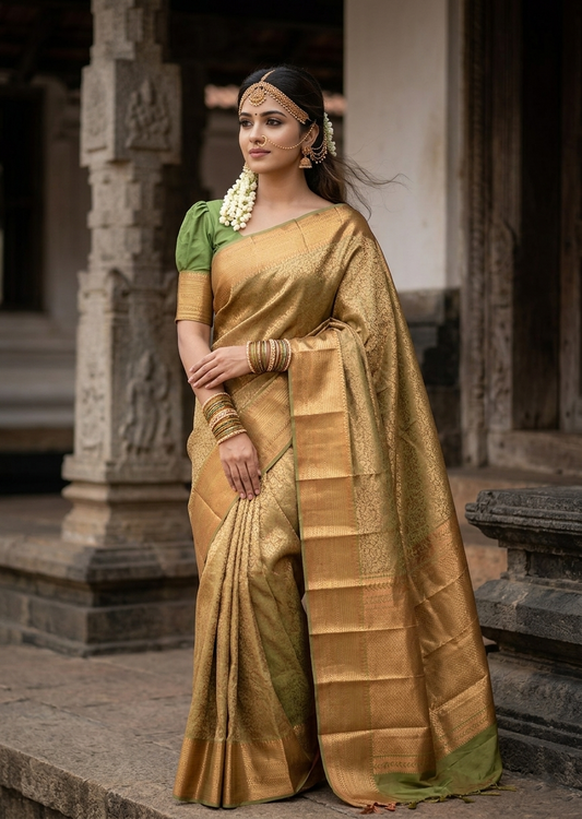 Southloom Premium Semi Silk Zari Work Brocade Saree in Bridal Green with Matching Pallu