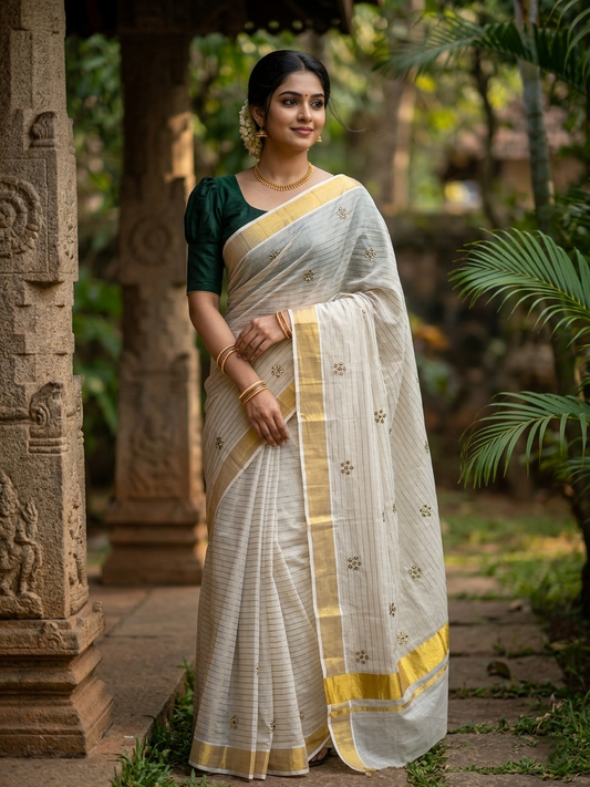 Southloom Kerala Tissue Kasavu Lines Saree with Green Floral Embroidery Design on Body