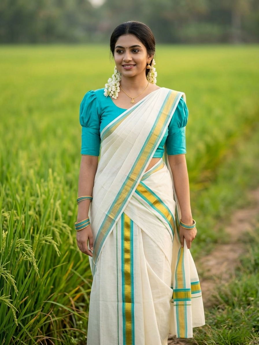 Southloom Pure Cotton Kerala Kasavu Set Mundu (Mundum Neriyathum) Gold Kasavu & Turquoise Border 2.80 Mtrs