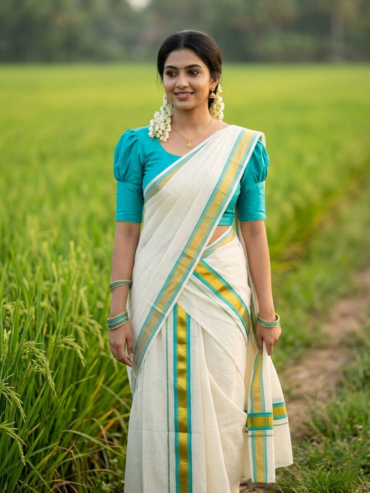 Southloom Pure Cotton Kerala Kasavu Set Mundu (Mundum Neriyathum) Gold Kasavu & Turquoise Border 2.80 Mtrs