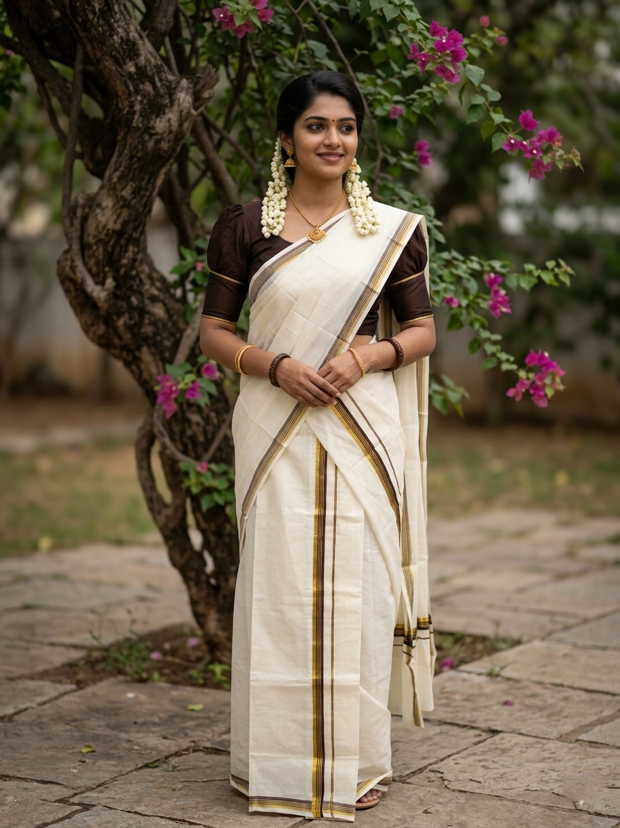 Pure Cotton Kerala Single Set Mundu (Mundum Neriyathum) with Brown Kasavu Border in 2.80 Mtrs