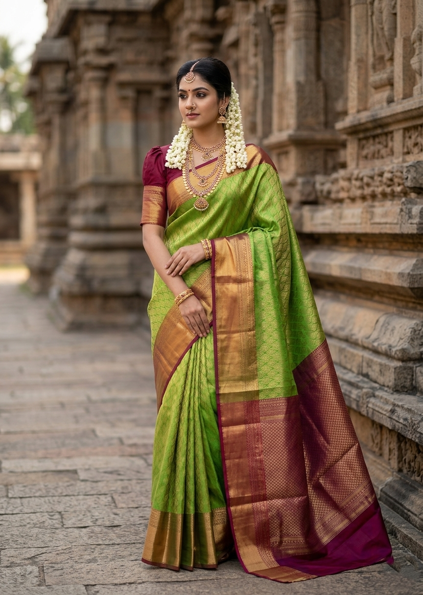 Southloom Premium Semi Silk Zari Work Bridal Brocade Saree in Green with Matching Pallu