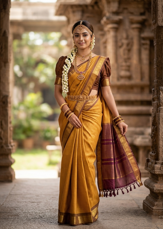 Southloom Pure Handloom Bridal Kanchipuram Silk Saree with Korvai Work (Yellow)