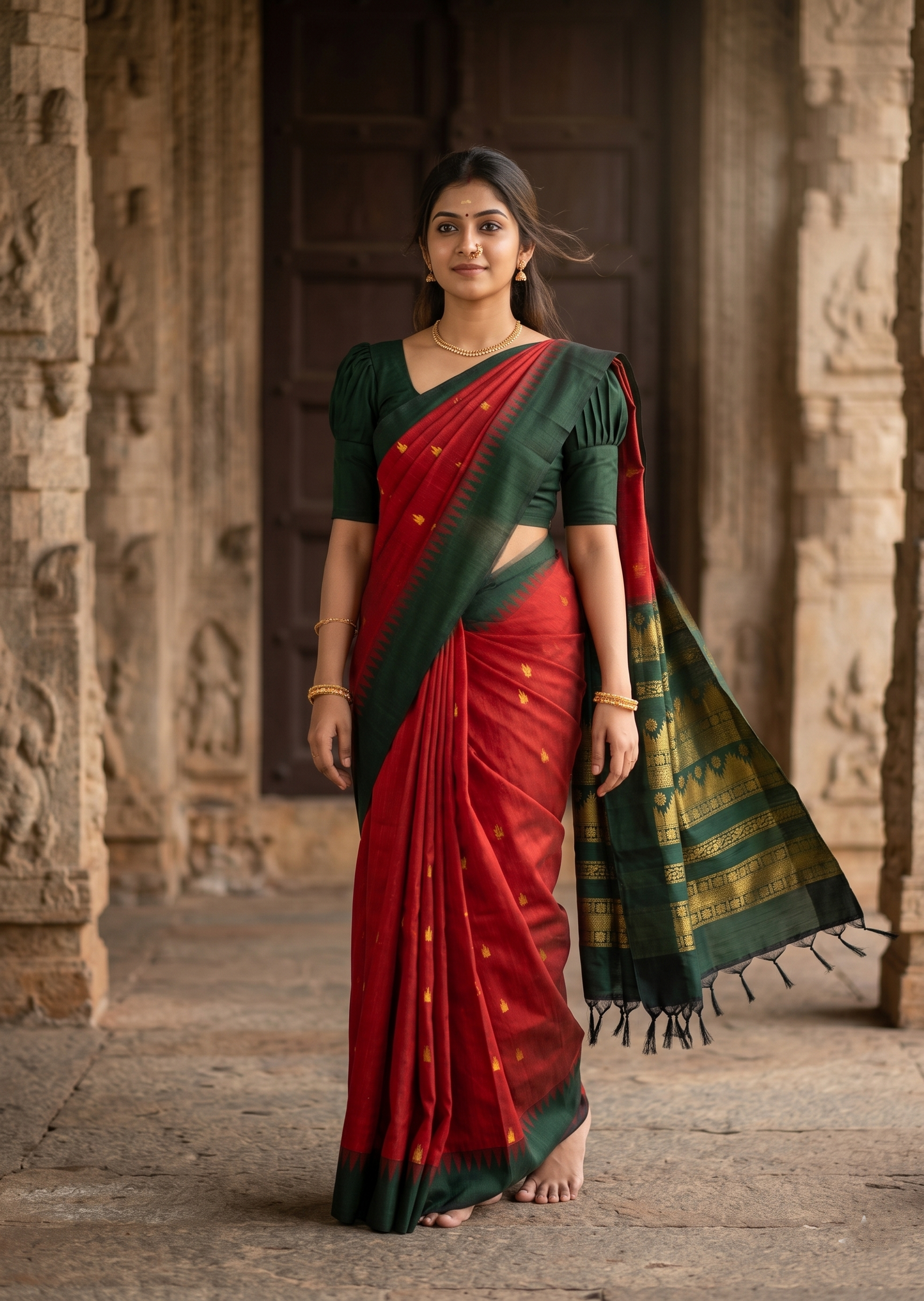 Southloom Kalyani Cotton Saree In Red And Green With Woven Work on the Body and Borders