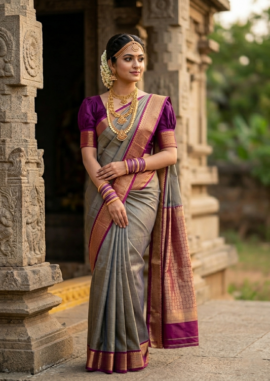 Southloom Pure Handloom Bridal Kanchipuram Silk Saree with Korvai Work