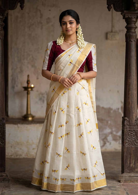 Southloom Semi Stitched Cotton Check Dhavani Set with Pavada and Blouse Piece in Maroon