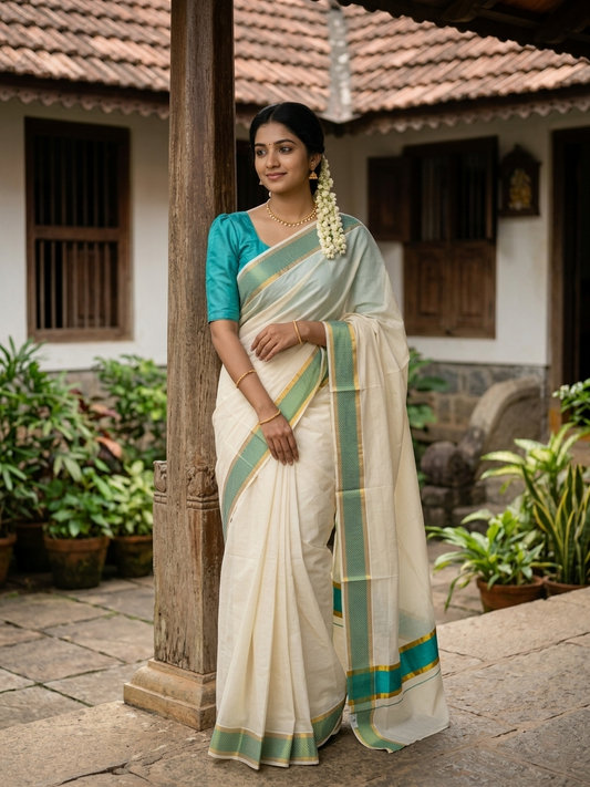 Southloom Kerala Kasavu Cotton Saree with Turquoise Paa Neythu Border